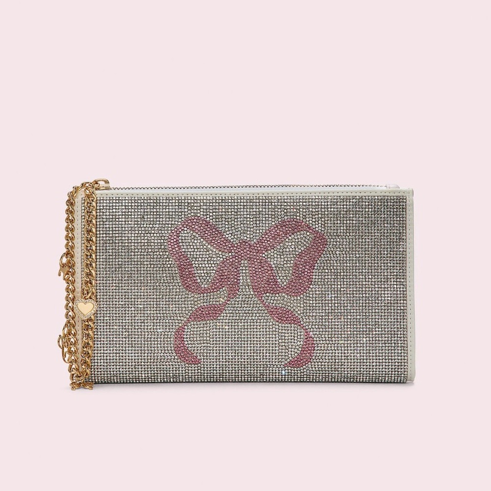 PINK Victoria's Secret Glittery Silver Clutch with Pink Bow